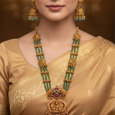 Antique Gold-Tone Multi-Strand Green Bead Long Necklace and Jhumka Set with Temple Pendant