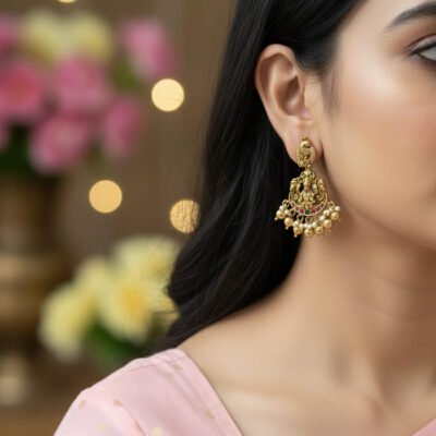 Heavy Antique Gold-Tone Vaddanam-Style Long Temple Necklace with Lakshmi Pendant