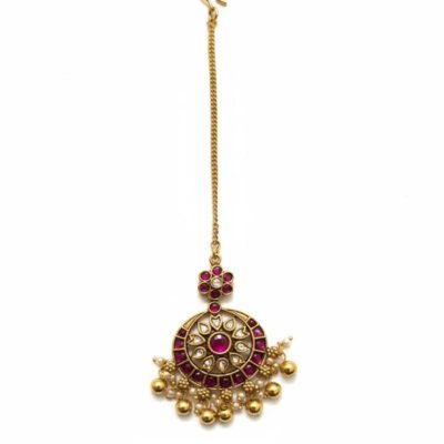 Antique Gold-Tone Circular Maang Tikka with Magenta Stone and Pearl Accents