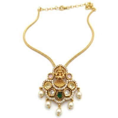 Antique Gold-Tone Lakshmi Pendant Necklace with Multi-Stone Floral Cluster